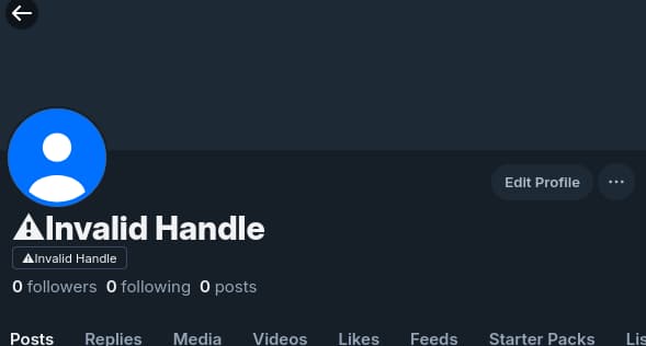 Picture of a profile saying invalid handle